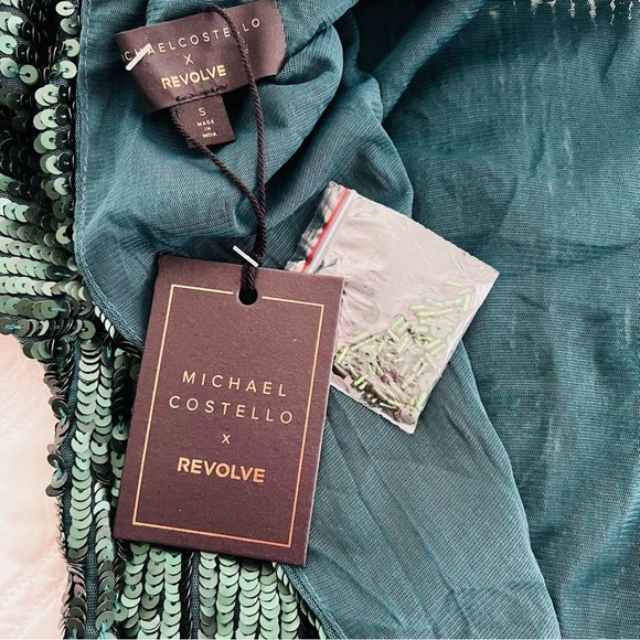 Michael Costello Revolve Adalyn Emerald Green Sequin Dress Plunge mini long slv - Picture 9 of 12